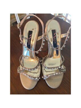 Nina New York Champagne Gold Rhinestone Stiletto Sandals Womens size‎ 6.5